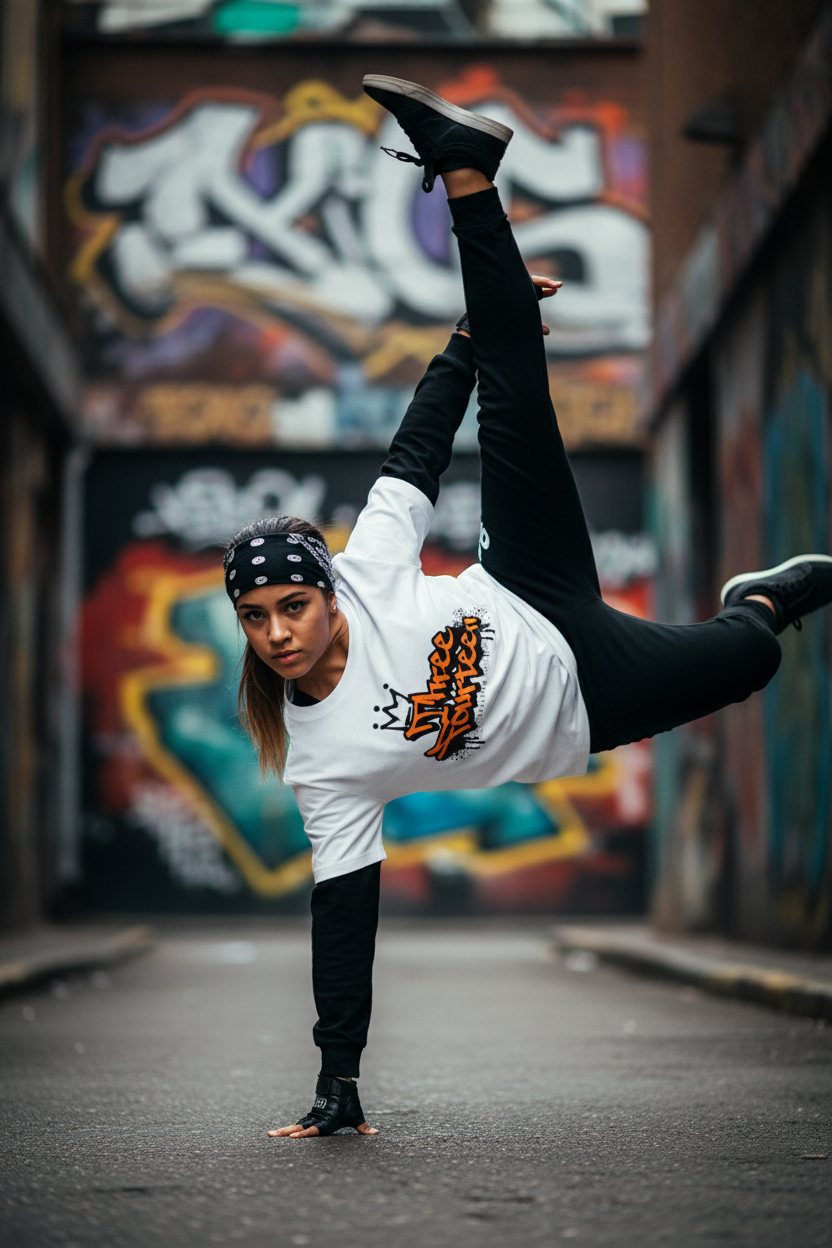 Breakdancer girl in ThreeFourteen orange graffiti shirt