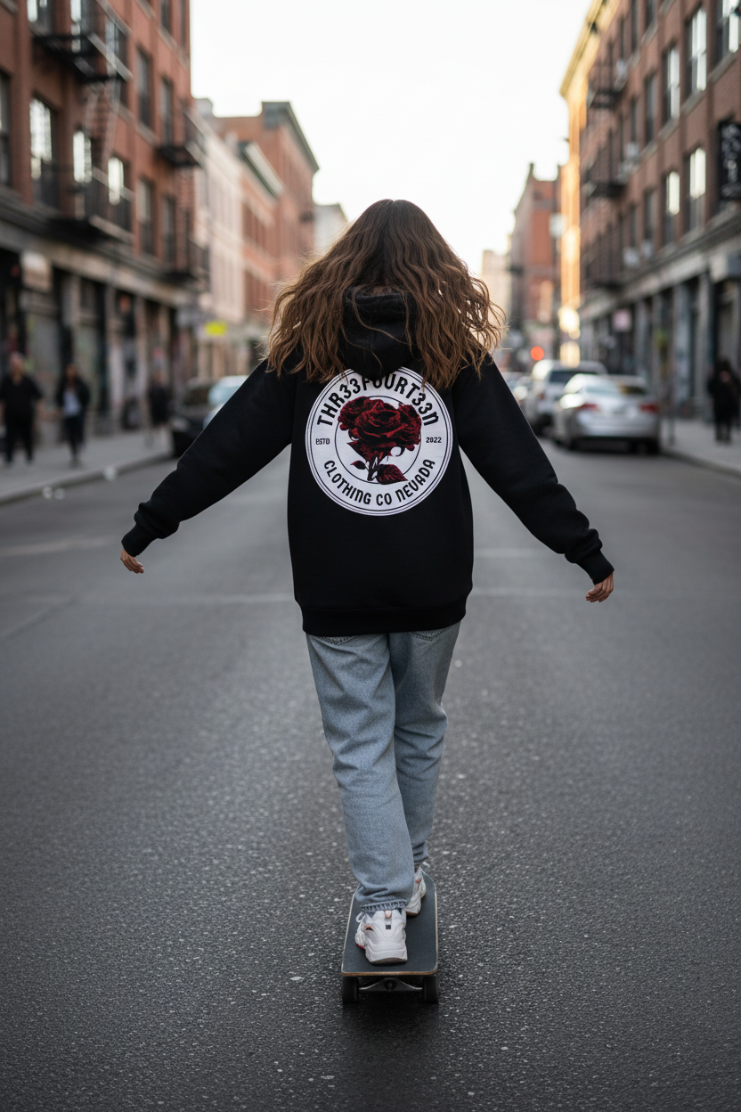 Brown hair skater girl in rose hoodie