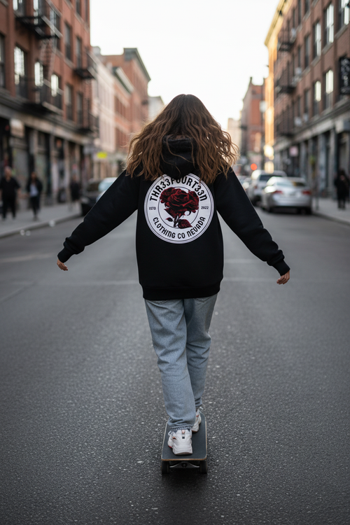 Brown hair skater girl in rose hoodie