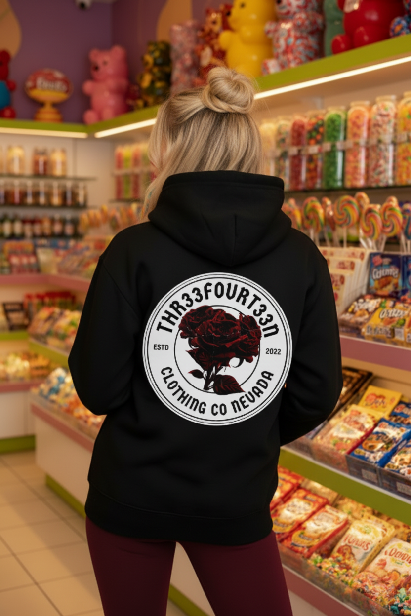 Candy store - back of hoodie - THR33FOURT33N logo
