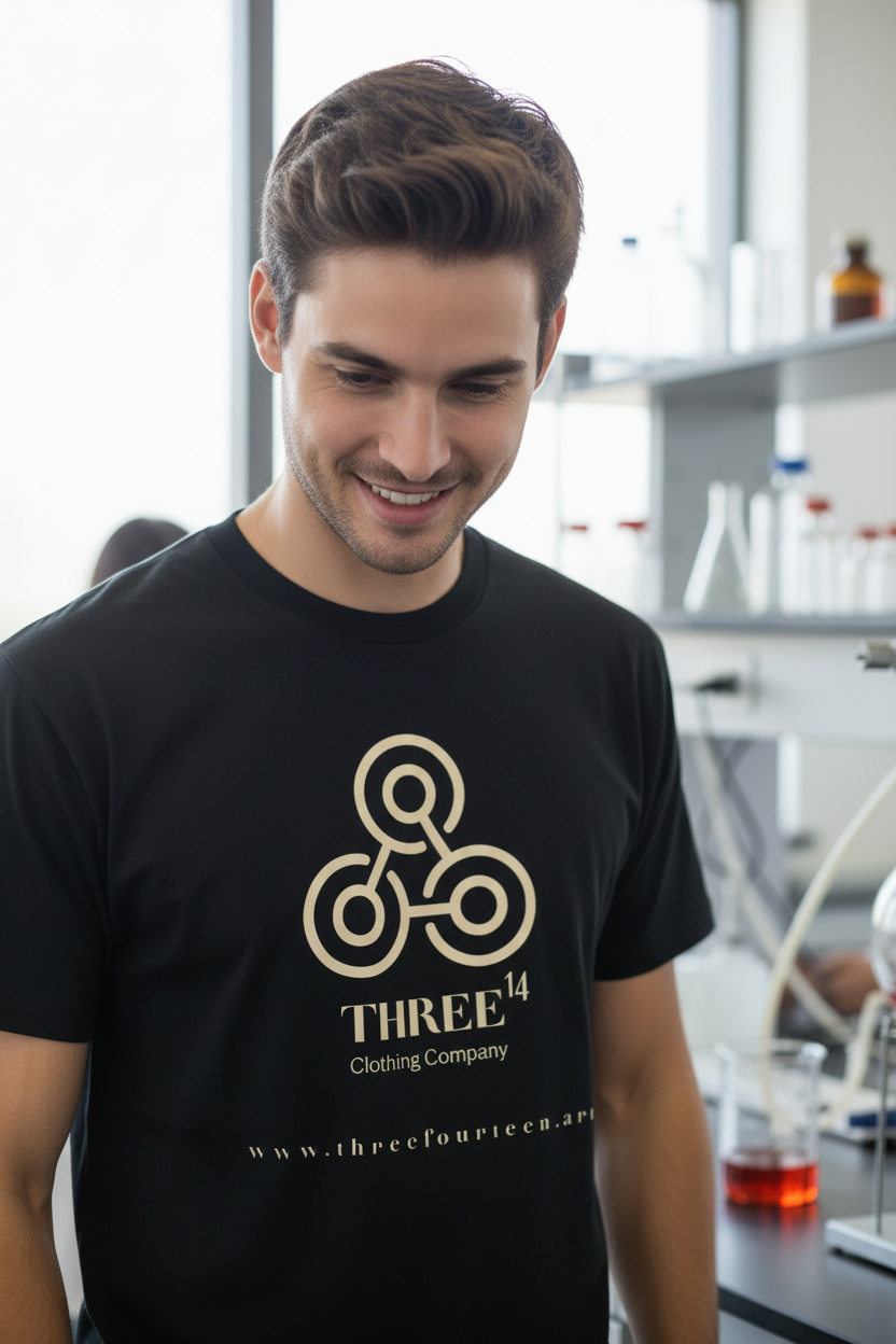 Close up on THREE14 logo tee