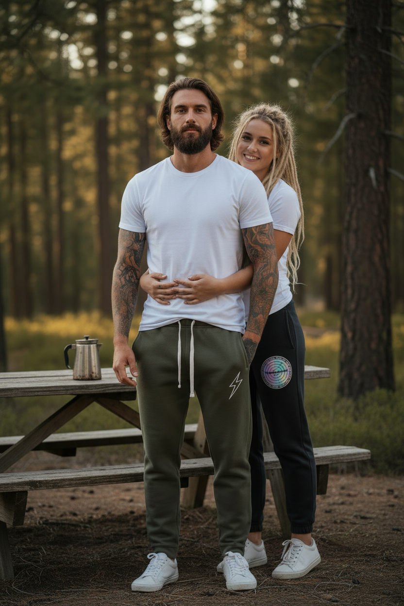 Full body couple shot at outdoor campsite