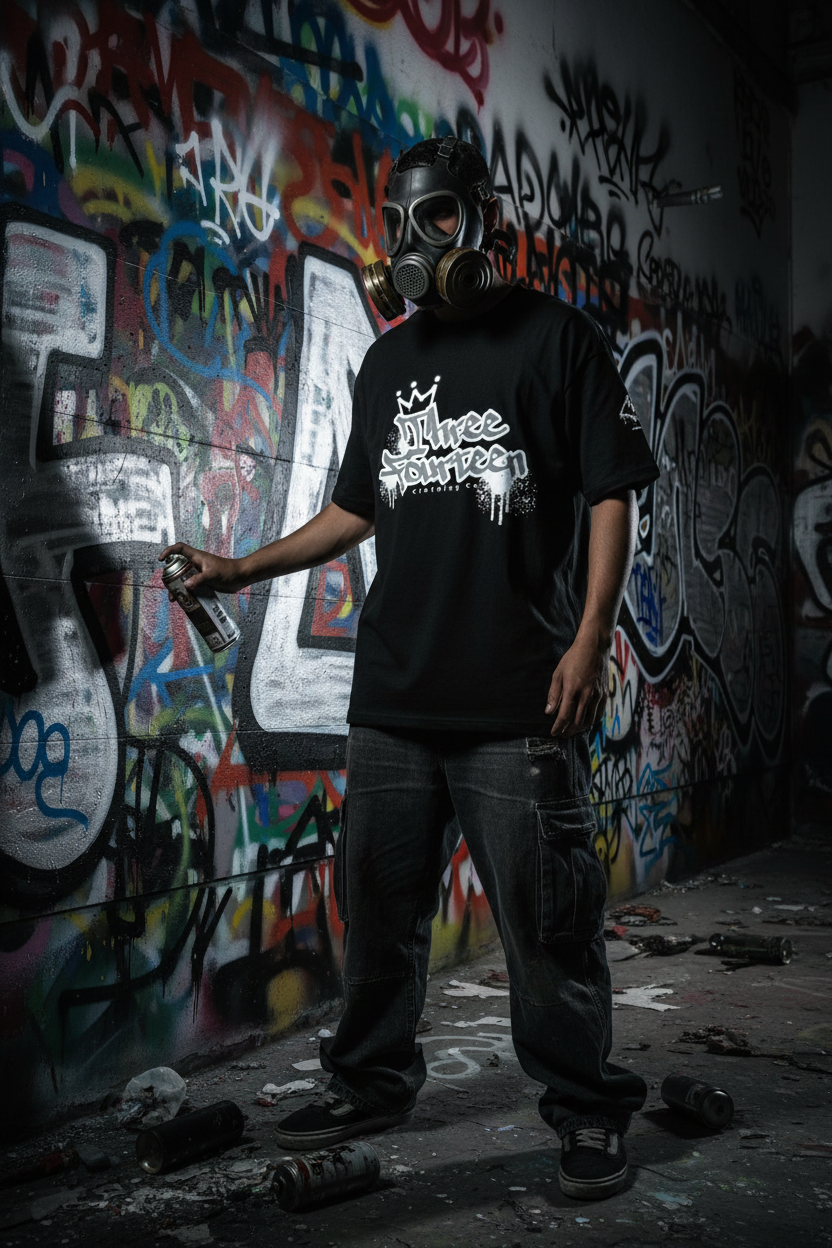 Graffiti artist in ThreeFourteen tee at abandoned building