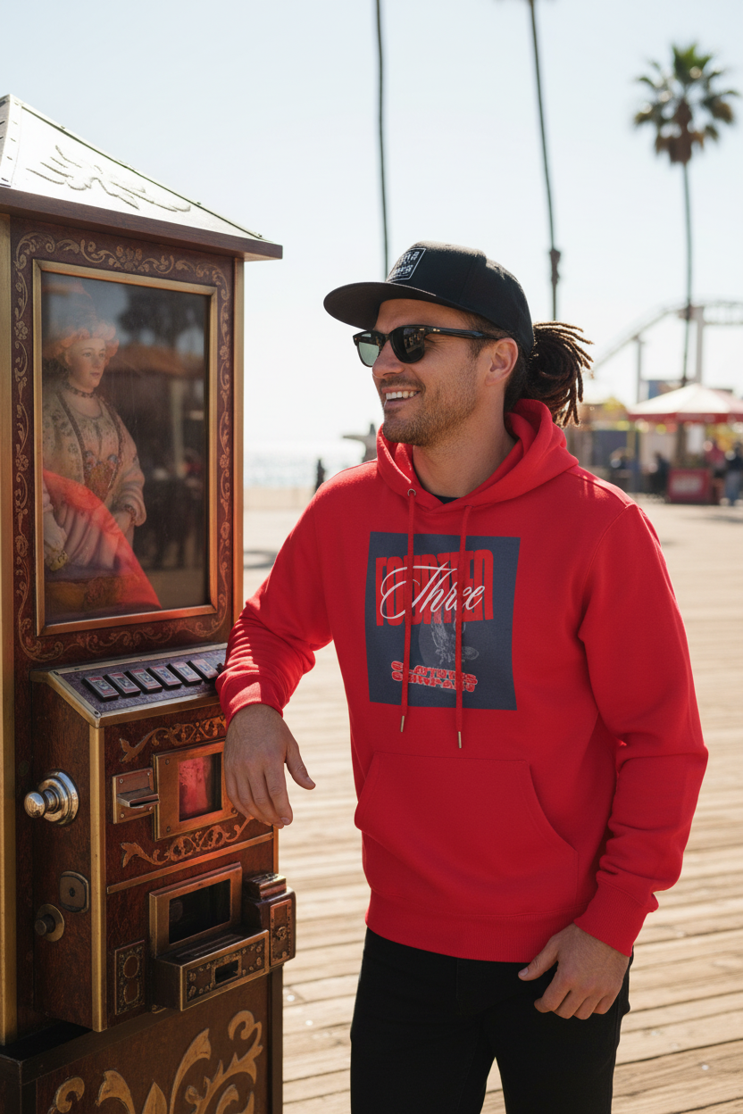 Man with dreadlocks on boardwalk wearing red ThreeFourteen hoodie