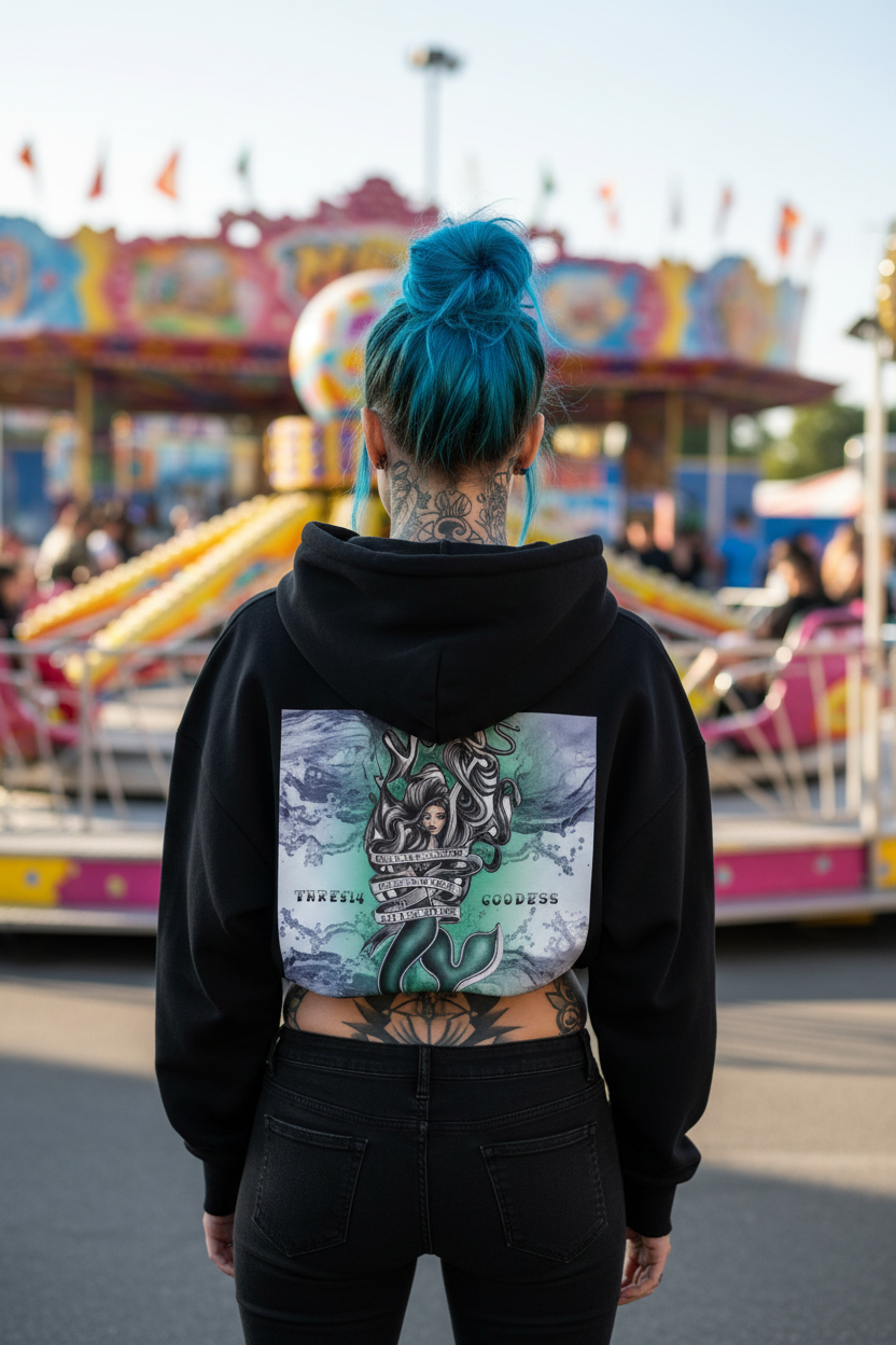 Mermaid Goddess Black Cropped Hoodie - Back