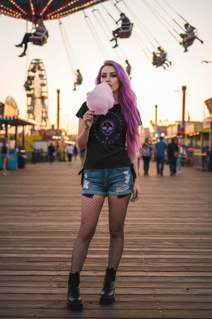 Model with purple hair on boardwalk wearing ThreeFourteen tee