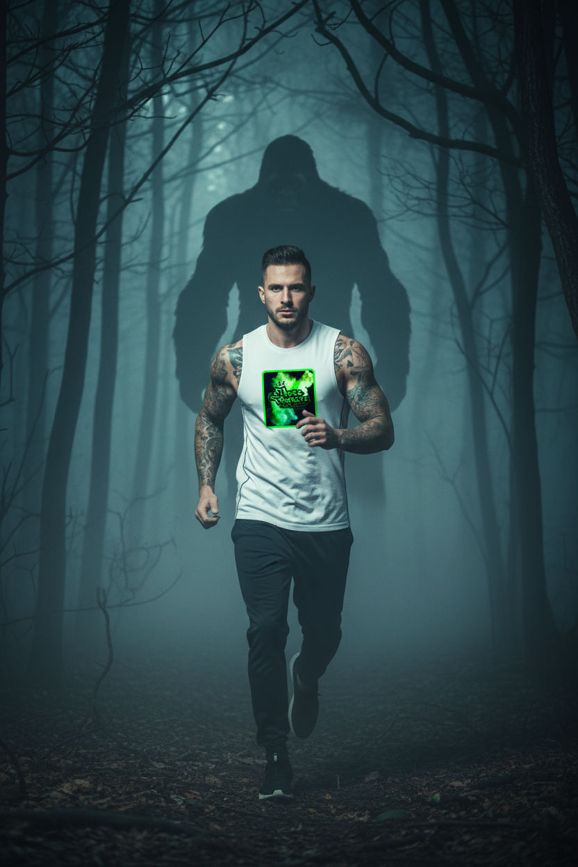 Running man - white tank - sasquatch