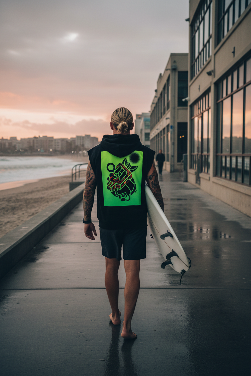 Tattooed Blonde Male Model with Surfboard