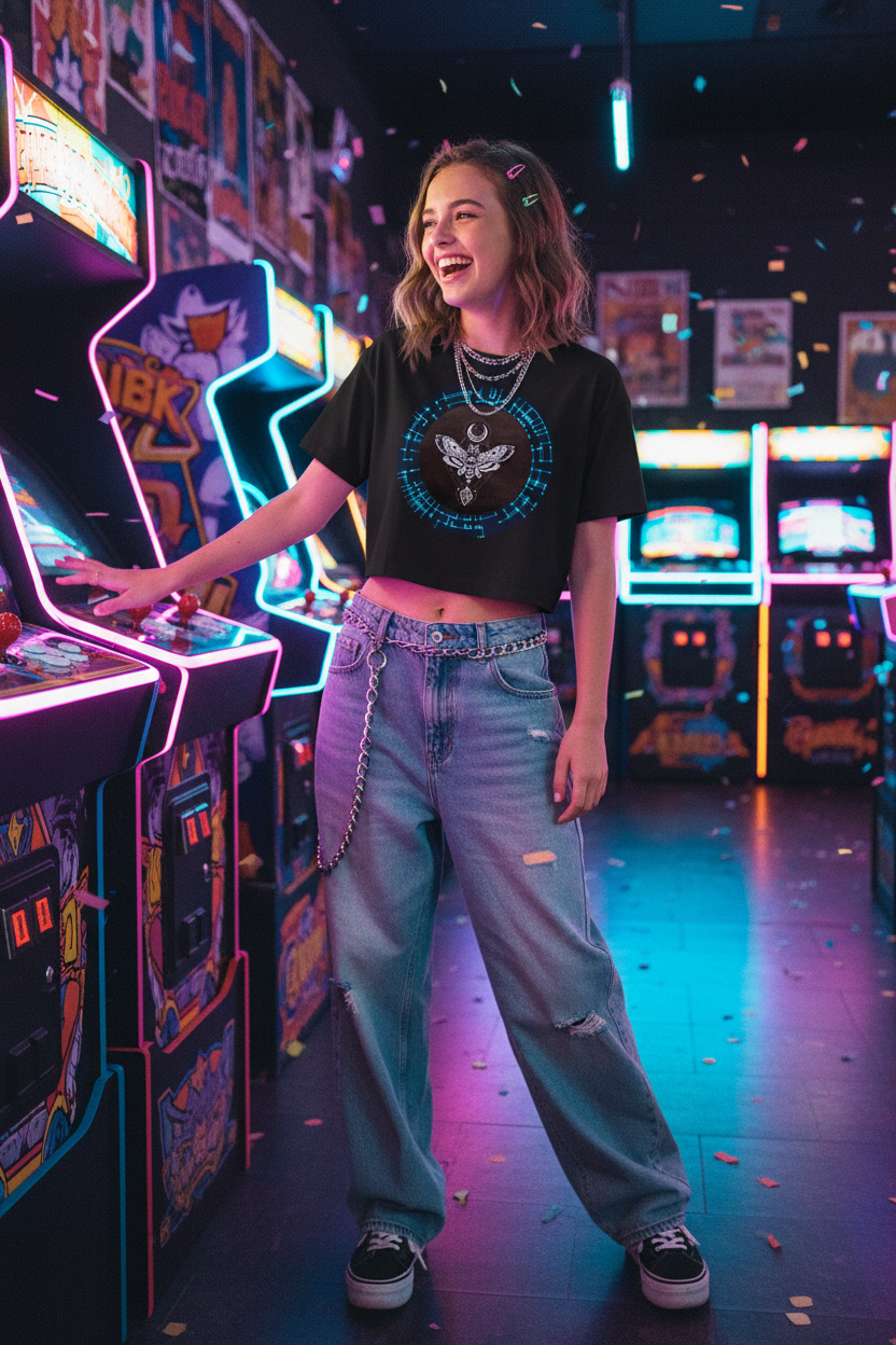 Teen girl at arcade in babydoll tee