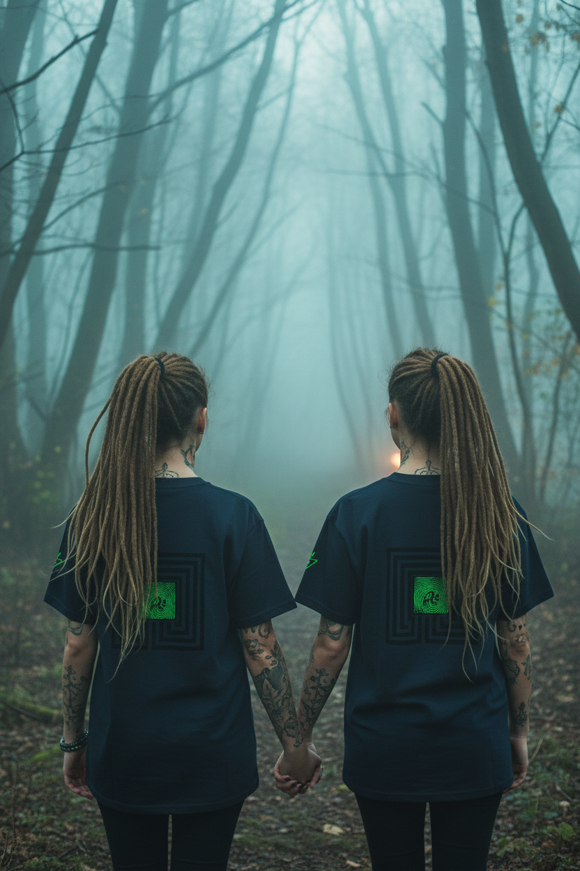 Twins from behind - navy tee logo visible
