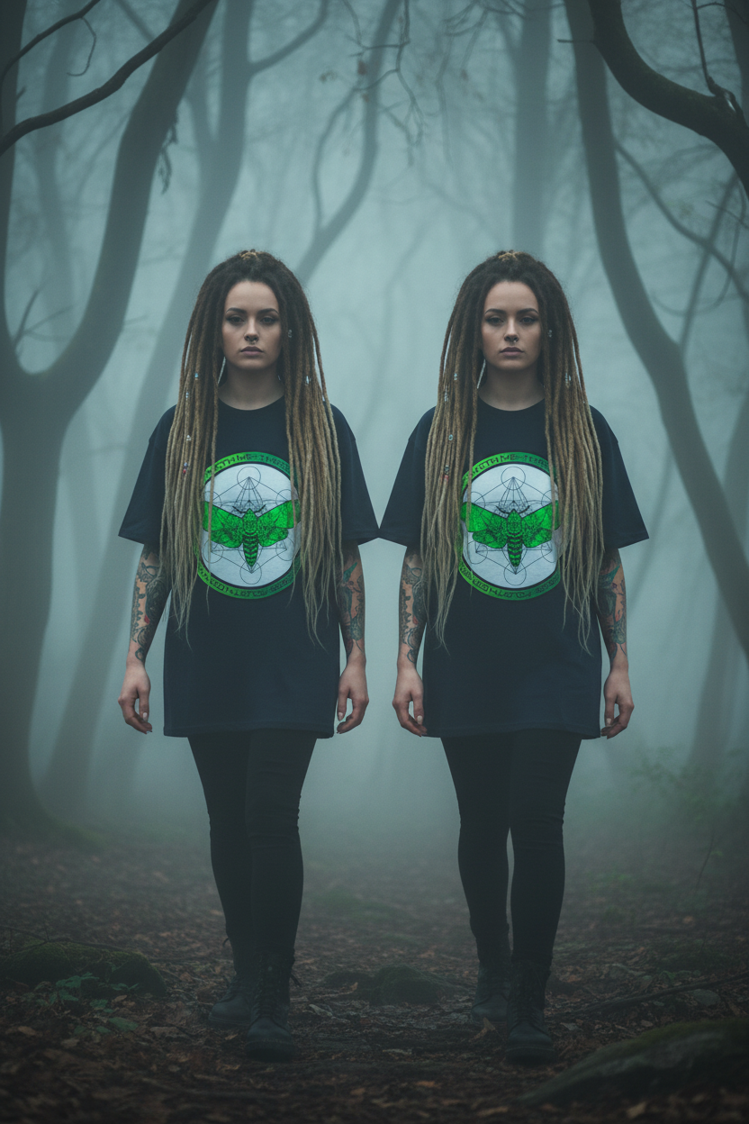 Twins in misty forest - navy tee