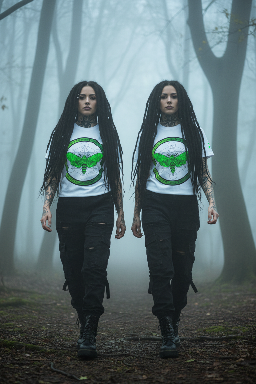 Twins in misty forest - white tee